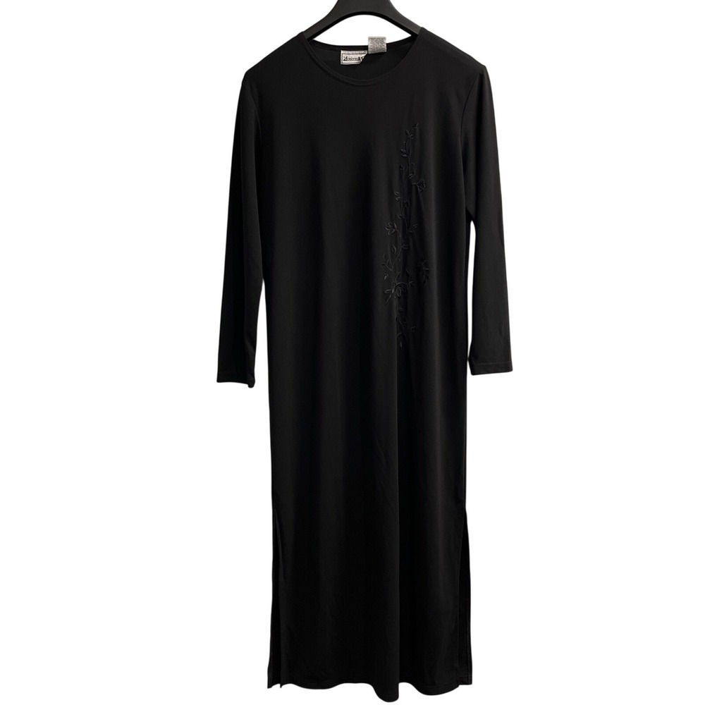 Vintage Delores Bell Dress Women M Black Slinky Knit Maxi Floral Embroidered